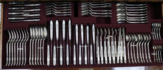 A mahogany cutlery cabinet, with the top drawer fitted with Queens pattern silver plated cutlery, W 39in Width 100cm